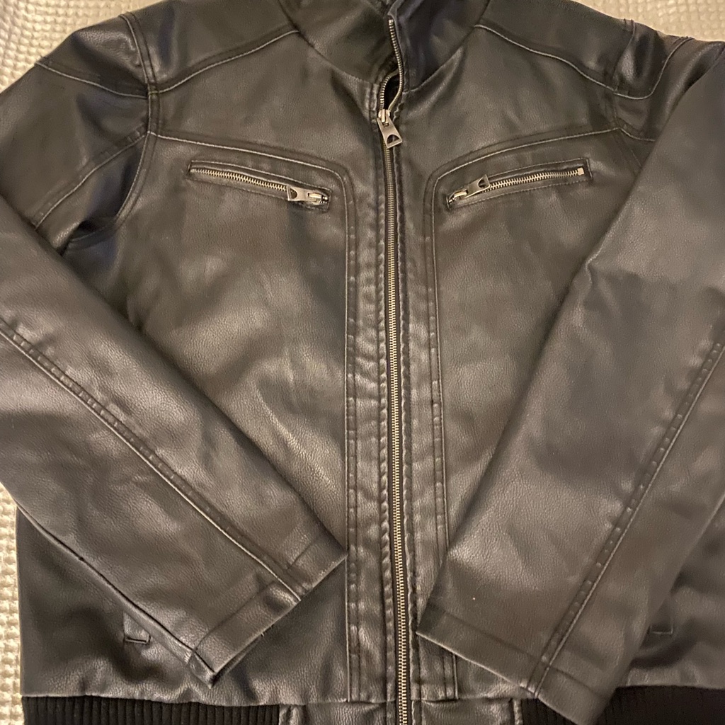Men’s Guess Black Leather Biker Style Bomber Jacket, Size Large